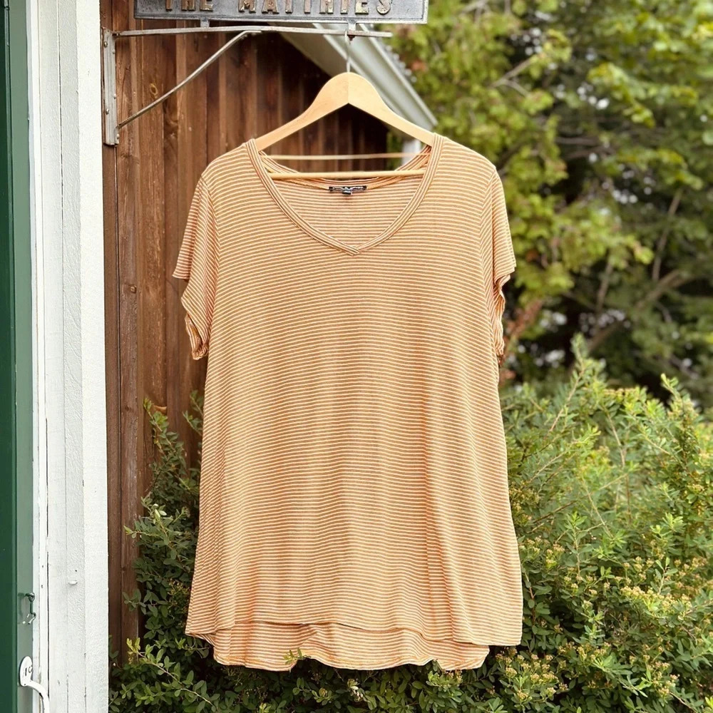 Linen mix Cable &  Gauge Striped V-neck Tee - mustard/white - 1X